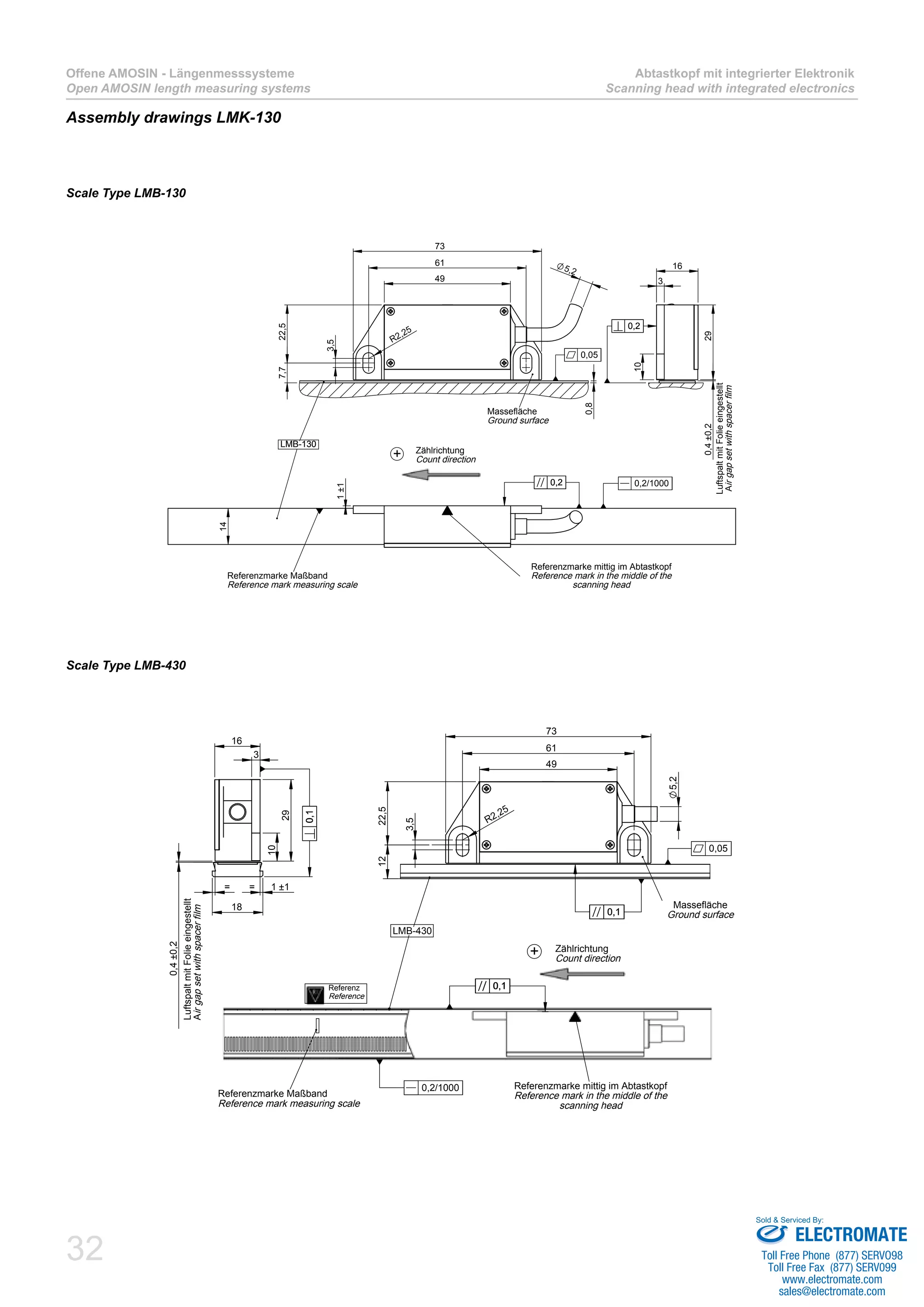 32
Offene AMOSIN - Längenmesssysteme
Open AMOSIN length measuring systems
Abtastkopf mit integrierter Elektronik
Scanning head with integrated electronics
Assembly drawings LMK-130
49
61
73
R2,253,5
5,2
7,7
0,8
22,5
Massefläche
Ground surface
LMB-130
0,05
1±1
14
Referenzmarke Maßband
Reference mark measuring scale
LMB-130
Referenzmarke mittig im Abtastkopf
Reference mark in the middle of the
scanning head
0,20,2 0,2/1000
10
3
16
290,4±0,2
LuftspaltmitFolieeingestellt
Airgapsetwithspacerfilm
0,20,2
+ Zählrichtung
Count direction
Scale Type LMB-130
Scale Type LMB-430
5,2
61
73
49
3,5
R2,25
22,512
LMB-430
Massefläche
Ground surface0,10,1
0,05
Referenzmarke Maßband
Reference mark measuring scale
Referenzmarke mittig im Abtastkopf
Reference mark in the middle of the
scanning head
Referenz
Reference
0,10,1
0,2/1000
10
29
3
16
18
= 1 ±1
0,4±0,2
=
0,10,1
+ Zählrichtung
Count direction
LuftspaltmitFolieeingestellt
Airgapsetwithspacerfilm
ELECTROMATE
Toll Free Phone (877) SERVO98
Toll Free Fax (877) SERV099
www.electromate.com
sales@electromate.com
Sold & Serviced By:
 