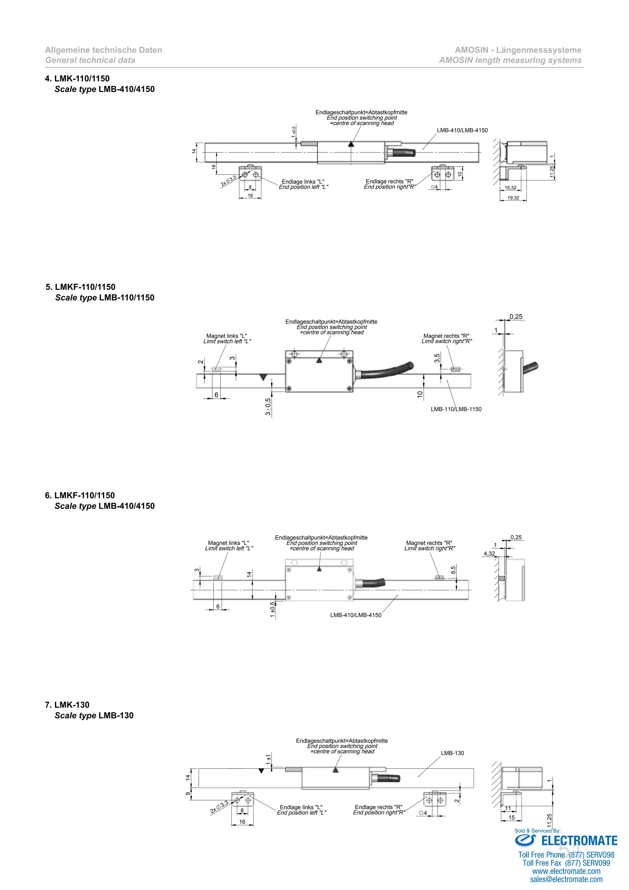 51
Allgemeine technische Daten
General technical data
AMOSIN - Längenmesssysteme
AMOSIN length measuring systems
4. LMK-110/1150
Scale type LMB-410/4150
14
1±0,5
16
8
16
2x
3,3
10
4
Endlageschaltpunkt=Abtastkopfmitte
End position switching point
=centre of scanning head
LMB-410/LMB-4150
Endlage rechts "R"
End position right"R"
Endlage links "L"
End position left "L"
111,25
19,32
15,32
6. LMKF-110/1150
Scale type LMB-410/4150
8,5
14
6
3
1±0,5
Endlageschaltpunkt=Abtastkopfmitte
End position switching point
=centre of scanning head
LMB-410/LMB-4150
Magnet rechts "R"
Limit switch right"R"
Magnet links "L"
Limit switch left "L"
0,25
1
4,32
5. LMKF-110/1150
Scale type LMB-110/1150
2
30,5
10
3
3,5
6
Endlageschaltpunkt=Abtastkopfmitte
End position switching point
=centre of scanning head
Magnet rechts "R"
Limit switch right"R"
Magnet links "L"
Limit switch left "L"
LMB-110/LMB-1150
0,25
1
7. LMK-130
Scale type LMB-130
8
16
42x
3,3
1±1
149
2
Endlageschaltpunkt=Abtastkopfmitte
End position switching point
=centre of scanning head
Endlage links "L"
End position left "L"
Endlage rechts "R"
End position right"R"
11,251
15
11
LMB-130
ELECTROMATE
Toll Free Phone (877) SERVO98
Toll Free Fax (877) SERV099
www.electromate.com
sales@electromate.com
Sold & Serviced By:
 