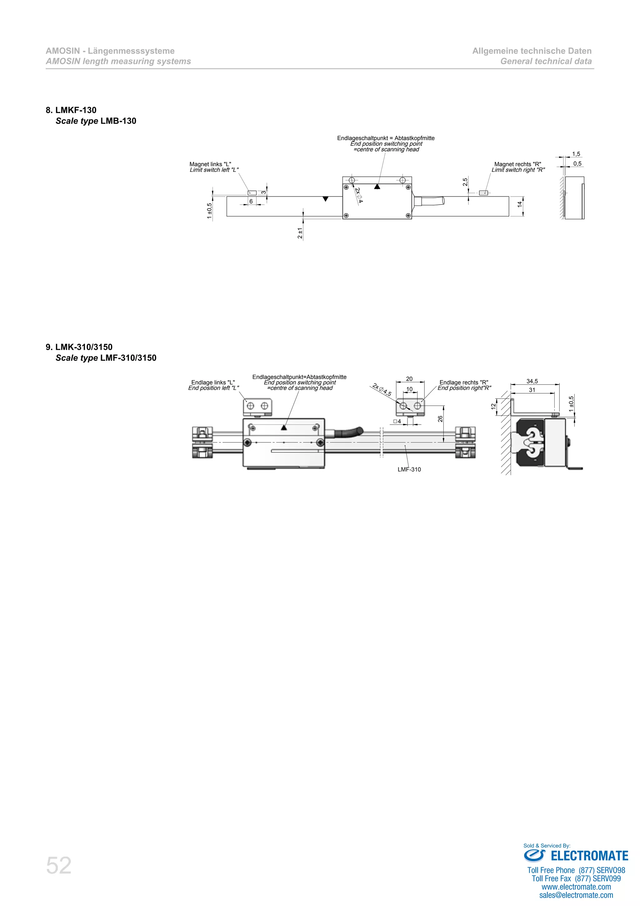 52
AMOSIN - Längenmesssysteme
AMOSIN length measuring systems
Allgemeine technische Daten
General technical data
9. LMK-310/3150
Scale type LMF-310/3150
20
10
2x
4,5
4
26
Endlageschaltpunkt=Abtastkopfmitte
End position switching point
=centre of scanning head
Endlage links "L"
End position left "L"
Endlage rechts "R"
End position right"R"
LMF-310
12
1±0,5
34,5
31
8. LMKF-130
Scale type LMB-130
14
6
3
2±1
2x4
1±0,5
2,5
Magnet links "L"
Limit switch left "L"
Endlageschaltpunkt = Abtastkopfmitte
End position switching point
=centre of scanning head
Magnet rechts "R"
Limit switch right "R"
0,5
1,5
ELECTROMATE
Toll Free Phone (877) SERVO98
Toll Free Fax (877) SERV099
www.electromate.com
sales@electromate.com
Sold & Serviced By:
 