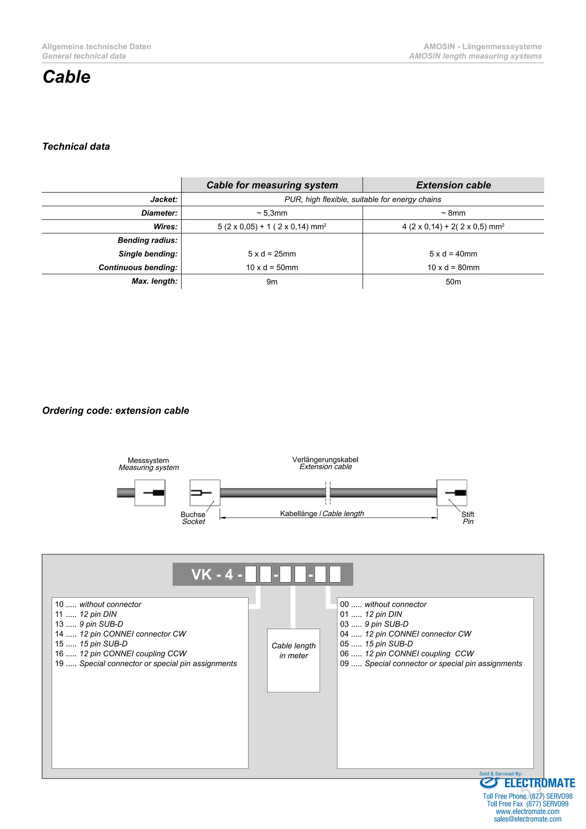 53
Allgemeine technische Daten
General technical data
AMOSIN - Längenmesssysteme
AMOSIN length measuring systems
Cable
Technical data
Cable for measuring system Extension cable
Jacket: PUR, high flexible, suitable for energy chains
Diameter: ~ 5,3mm ~ 8mm
Wires: 5 (2 x 0,05) + 1 ( 2 x 0,14) mm2
4 (2 x 0,14) + 2( 2 x 0,5) mm2
Bending radius:
Single bending: 5 x d = 25mm 5 x d = 40mm
Continuous bending: 10 x d = 50mm 10 x d = 80mm
Max. length: 9m 50m
Ordering code: extension cable
VK - 4 - - -
10 ..... without connector
11 ...... 12 pin DIN
13 ..... 9 pin SUB-D
14 ..... 12 pin CONNEI connector CW
15 ..... 15 pin SUB-D
16 ..... 12 pin CONNEI coupling CCW
19 ..... Special connector or special pin assignments
00 ..... without connector
01 ..... 12 pin DIN
03 ..... 9 pin SUB-D
04 ..... 12 pin CONNEI connector CW
05 ..... 15 pin SUB-D
06 ..... 12 pin CONNEI coupling CCW
09 ..... Special connector or special pin assignments
Cable length
in meter
Kabellänge /Cable length Stift
Pin
Verlängerungskabel
Extension cable
Buchse
Socket
Messsystem
Measuring system
ELECTROMATE
Toll Free Phone (877) SERVO98
Toll Free Fax (877) SERV099
www.electromate.com
sales@electromate.com
Sold & Serviced By:
 