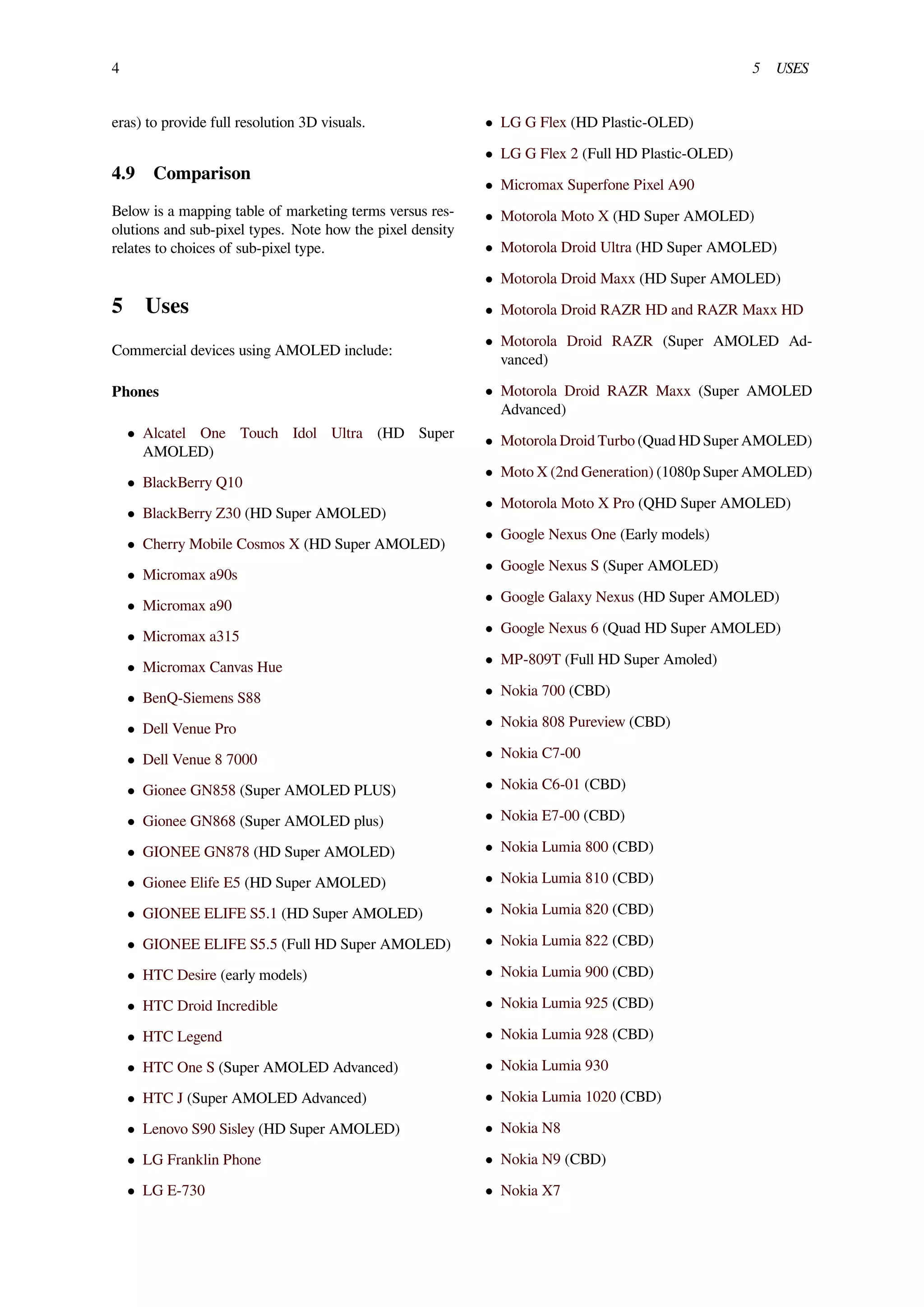 4 5 USES
eras) to provide full resolution 3D visuals.
4.9 Comparison
Below is a mapping table of marketing terms versus res-
olutions and sub-pixel types. Note how the pixel density
relates to choices of sub-pixel type.
5 Uses
Commercial devices using AMOLED include:
Phones
• Alcatel One Touch Idol Ultra (HD Super
AMOLED)
• BlackBerry Q10
• BlackBerry Z30 (HD Super AMOLED)
• Cherry Mobile Cosmos X (HD Super AMOLED)
• Micromax a90s
• Micromax a90
• Micromax a315
• Micromax Canvas Hue
• BenQ-Siemens S88
• Dell Venue Pro
• Dell Venue 8 7000
• Gionee GN858 (Super AMOLED PLUS)
• Gionee GN868 (Super AMOLED plus)
• GIONEE GN878 (HD Super AMOLED)
• Gionee Elife E5 (HD Super AMOLED)
• GIONEE ELIFE S5.1 (HD Super AMOLED)
• GIONEE ELIFE S5.5 (Full HD Super AMOLED)
• HTC Desire (early models)
• HTC Droid Incredible
• HTC Legend
• HTC One S (Super AMOLED Advanced)
• HTC J (Super AMOLED Advanced)
• Lenovo S90 Sisley (HD Super AMOLED)
• LG Franklin Phone
• LG E-730
• LG G Flex (HD Plastic-OLED)
• LG G Flex 2 (Full HD Plastic-OLED)
• Micromax Superfone Pixel A90
• Motorola Moto X (HD Super AMOLED)
• Motorola Droid Ultra (HD Super AMOLED)
• Motorola Droid Maxx (HD Super AMOLED)
• Motorola Droid RAZR HD and RAZR Maxx HD
• Motorola Droid RAZR (Super AMOLED Ad-
vanced)
• Motorola Droid RAZR Maxx (Super AMOLED
Advanced)
• Motorola Droid Turbo (Quad HD Super AMOLED)
• Moto X (2nd Generation) (1080p Super AMOLED)
• Motorola Moto X Pro (QHD Super AMOLED)
• Google Nexus One (Early models)
• Google Nexus S (Super AMOLED)
• Google Galaxy Nexus (HD Super AMOLED)
• Google Nexus 6 (Quad HD Super AMOLED)
• MP-809T (Full HD Super Amoled)
• Nokia 700 (CBD)
• Nokia 808 Pureview (CBD)
• Nokia C7-00
• Nokia C6-01 (CBD)
• Nokia E7-00 (CBD)
• Nokia Lumia 800 (CBD)
• Nokia Lumia 810 (CBD)
• Nokia Lumia 820 (CBD)
• Nokia Lumia 822 (CBD)
• Nokia Lumia 900 (CBD)
• Nokia Lumia 925 (CBD)
• Nokia Lumia 928 (CBD)
• Nokia Lumia 930
• Nokia Lumia 1020 (CBD)
• Nokia N8
• Nokia N9 (CBD)
• Nokia X7
 