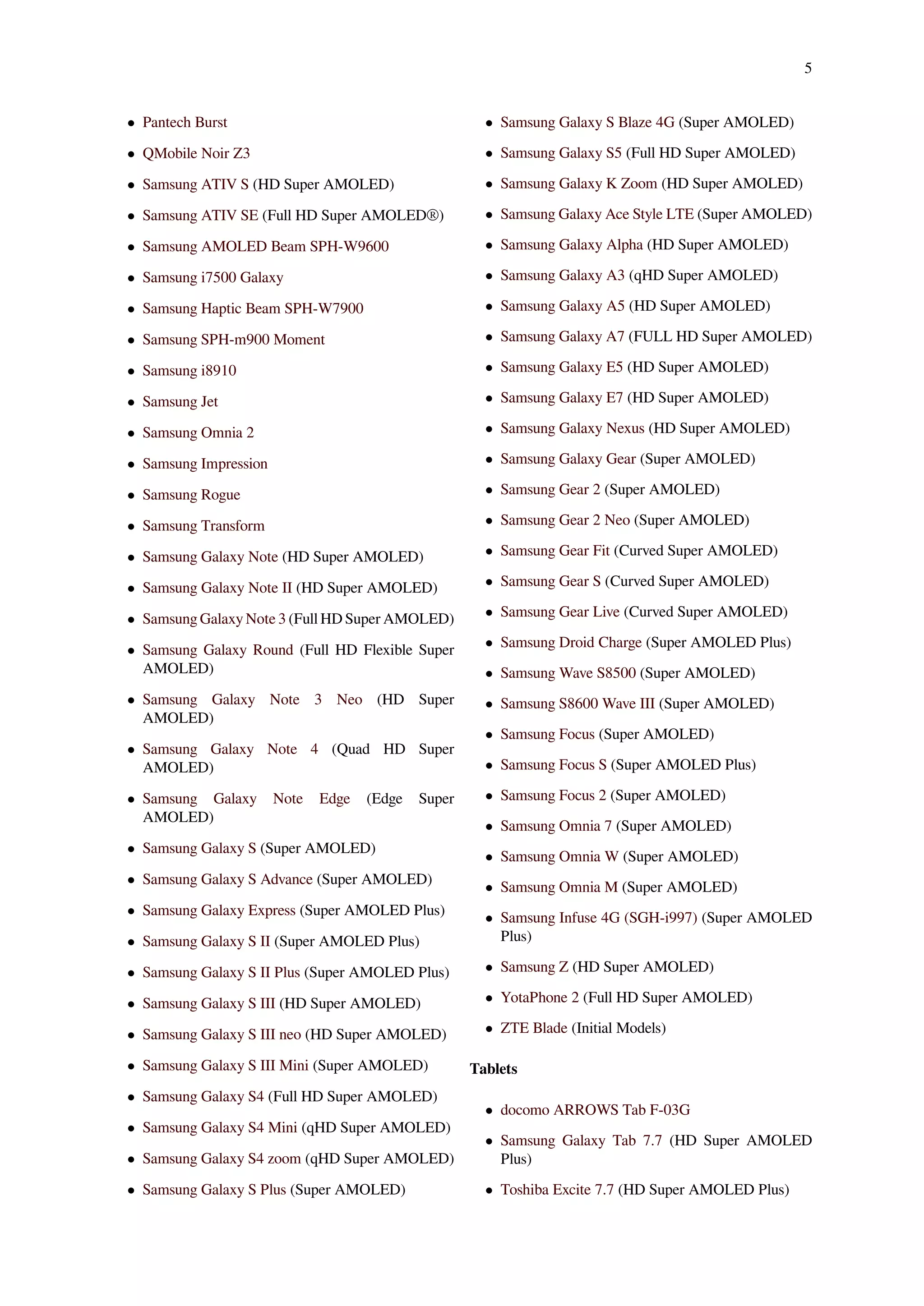 5
• Pantech Burst
• QMobile Noir Z3
• Samsung ATIV S (HD Super AMOLED)
• Samsung ATIV SE (Full HD Super AMOLED®)
• Samsung AMOLED Beam SPH-W9600
• Samsung i7500 Galaxy
• Samsung Haptic Beam SPH-W7900
• Samsung SPH-m900 Moment
• Samsung i8910
• Samsung Jet
• Samsung Omnia 2
• Samsung Impression
• Samsung Rogue
• Samsung Transform
• Samsung Galaxy Note (HD Super AMOLED)
• Samsung Galaxy Note II (HD Super AMOLED)
• Samsung Galaxy Note 3 (Full HD Super AMOLED)
• Samsung Galaxy Round (Full HD Flexible Super
AMOLED)
• Samsung Galaxy Note 3 Neo (HD Super
AMOLED)
• Samsung Galaxy Note 4 (Quad HD Super
AMOLED)
• Samsung Galaxy Note Edge (Edge Super
AMOLED)
• Samsung Galaxy S (Super AMOLED)
• Samsung Galaxy S Advance (Super AMOLED)
• Samsung Galaxy Express (Super AMOLED Plus)
• Samsung Galaxy S II (Super AMOLED Plus)
• Samsung Galaxy S II Plus (Super AMOLED Plus)
• Samsung Galaxy S III (HD Super AMOLED)
• Samsung Galaxy S III neo (HD Super AMOLED)
• Samsung Galaxy S III Mini (Super AMOLED)
• Samsung Galaxy S4 (Full HD Super AMOLED)
• Samsung Galaxy S4 Mini (qHD Super AMOLED)
• Samsung Galaxy S4 zoom (qHD Super AMOLED)
• Samsung Galaxy S Plus (Super AMOLED)
• Samsung Galaxy S Blaze 4G (Super AMOLED)
• Samsung Galaxy S5 (Full HD Super AMOLED)
• Samsung Galaxy K Zoom (HD Super AMOLED)
• Samsung Galaxy Ace Style LTE (Super AMOLED)
• Samsung Galaxy Alpha (HD Super AMOLED)
• Samsung Galaxy A3 (qHD Super AMOLED)
• Samsung Galaxy A5 (HD Super AMOLED)
• Samsung Galaxy A7 (FULL HD Super AMOLED)
• Samsung Galaxy E5 (HD Super AMOLED)
• Samsung Galaxy E7 (HD Super AMOLED)
• Samsung Galaxy Nexus (HD Super AMOLED)
• Samsung Galaxy Gear (Super AMOLED)
• Samsung Gear 2 (Super AMOLED)
• Samsung Gear 2 Neo (Super AMOLED)
• Samsung Gear Fit (Curved Super AMOLED)
• Samsung Gear S (Curved Super AMOLED)
• Samsung Gear Live (Curved Super AMOLED)
• Samsung Droid Charge (Super AMOLED Plus)
• Samsung Wave S8500 (Super AMOLED)
• Samsung S8600 Wave III (Super AMOLED)
• Samsung Focus (Super AMOLED)
• Samsung Focus S (Super AMOLED Plus)
• Samsung Focus 2 (Super AMOLED)
• Samsung Omnia 7 (Super AMOLED)
• Samsung Omnia W (Super AMOLED)
• Samsung Omnia M (Super AMOLED)
• Samsung Infuse 4G (SGH-i997) (Super AMOLED
Plus)
• Samsung Z (HD Super AMOLED)
• YotaPhone 2 (Full HD Super AMOLED)
• ZTE Blade (Initial Models)
Tablets
• docomo ARROWS Tab F-03G
• Samsung Galaxy Tab 7.7 (HD Super AMOLED
Plus)
• Toshiba Excite 7.7 (HD Super AMOLED Plus)
 