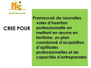 Promouvoir de nouvelles voies d’insertion professionnelle en mettant en œuvre en territoire, un plan coordonné d’acquisition d’aptitudes professionnelles et de capacités d’entreprendre CREE POUR 