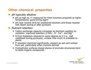 Other chemical properties
         pH typically alkaline
               pH as high as 11 measured for fresh biochars prepared at higher
               temperatures; good liming agent
               pH near neutral (5-8) for weathered biochars and those reacted
               with steam during or after pyrolysis
         Nutrient retention
               Cation exchange capacity increases as biochars weather by
               oxidation; improved retention of NH4+, K+, Ca2+, and Mg2+
               N from feedstock retained to same degree as C (i.e., half
               volatilized during pyrolysis); unclear how much is available to
               plants
               P retention improved significantly; present as ash and sorbed
               from soil, particularly when manure derived
               Hydrophobic surfaces (basal planes of aromatic structures) tend
               to retain organic compounds




JE Amonette 04Mar2010
 