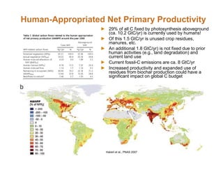 Human-Appropriated Net Primary Productivity
                          29% of all C fixed by photosynthesis aboveground
                          (ca. 10.2 GtC/yr) is currently used by humans!
                          Of this 1.5 GtC/yr is unused crop residues,
                          manures, etc.
                          An additional 1.8 GtC/yr) is not fixed due to prior
                          human activities (e.g., land degradation) and
                          current land use
                          Current fossil-C emissions are ca. 8 GtC/yr
                          Increased productivity and expanded use of
                          residues from biochar production could have a
                          significant impact on global C budget




                        Haberl et al., PNAS 2007
JE Amonette 04Mar2010
 