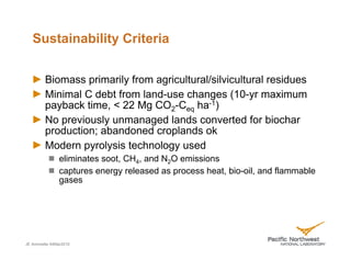 Sustainability Criteria


         Biomass primarily from agricultural/silvicultural residues
         Minimal C debt from land-use changes (10-yr maximum
         payback time, < 22 Mg CO2-Ceq ha-1)
         No previously unmanaged lands converted for biochar
         production; abandoned croplands ok
         Modern pyrolysis technology used
               eliminates soot, CH4, and N2O emissions
               captures energy released as process heat, bio-oil, and flammable
               gases




JE Amonette 04Mar2010
 