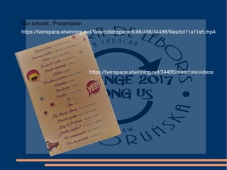 https://twinspace.etwinning.net/34486/materials/videos
Our schools . Presentation
https://twinspace.etwinning.net/files/collabspace/6/86/486/34486/files/bd11a11a5.mp4
 