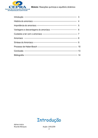 Módulo: Reacções químicas e equilíbrio dinâmico




Introdução                                                          3

História do amoníaco                                                4

Importância do amoníaco                                             5

Vantagens e desvantagens do amoníaco                                6

Cuidados a ter com o amoníaco                                       7

Amoníaco                                                            8

Síntese do Amoníaco                                                 9

Processo de Haber-Bosch                                             10

Conclusão                                                           13

Bibliografia                                                        14




                          Introdução
Adrien Inácio
Ricardo Marques                 Acção: 13912/09
                                        2
 