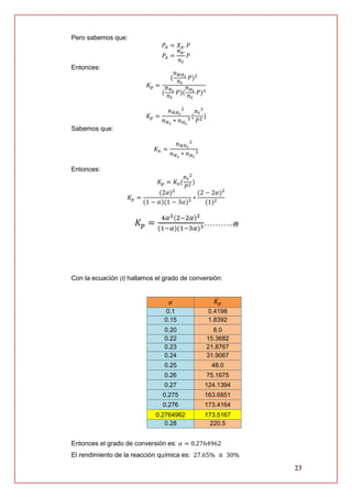 23
Pero sabemos que:
𝑃𝐴 = 𝑋𝐴. 𝑃
𝑃𝐴 =
𝑛 𝐴.
𝑛 𝑡
𝑃
Entonces:
𝐾 𝑝 =
(
𝑛 𝑁𝐻3
𝑛 𝑡
𝑃)2
(
𝑛 𝑁2
𝑛 𝑡
𝑃)(
𝑛 𝐻2
𝑛 𝑡
𝑃)3
𝐾 𝑝 =
𝑛 𝑁𝐻3
2
𝑛 𝑁2
∗ 𝑛 𝐻2
3
(
𝑛 𝑡
2
𝑃2
)
Sabemos que:
𝐾 𝑛 =
𝑛 𝑁𝐻3
2
𝑛 𝑁2
∗ 𝑛 𝐻2
3
Entonces:
𝐾 𝑝 = 𝐾 𝑛(
𝑛 𝑡
2
𝑃2
)
𝐾 𝑝 =
(2𝛼)2
(1 − 𝛼)(1 − 3𝛼)3
∗
(2 − 2𝛼)2
(1)2
𝐾𝑝 =
4𝛼2(2−2𝛼)2
(1−𝛼)(1−3𝛼)3………..(I)
Con la ecuación (I) hallamos el grado de conversión:
𝛼 𝐾𝑝
0.1 0.4198
0.15 1.8392
0.20 8.0
0.22 15.3682
0.23 21.8767
0.24 31.9067
0.25 48.0
0.26 75.1675
0.27 124.1394
0.275 163.6851
0.276 173.4164
0.2764962 173.5167
0.28 220.5
Entonces el grado de conversión es: 𝛼 = 0.2764962
El rendimiento de la reacción química es: 27.65% ≅ 30%
 