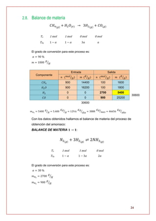 24
2.8. Balance de materia
𝐶𝐻4(𝑔)
+ 𝐻2 𝑂(𝑣) → 3𝐻2(𝑔)
+ 𝐶𝑂(𝑔)
El grado de conversión para este proceso es:
𝛼 = 90 %
𝑚 = 1000
𝑔
𝐻⁄
Componente
Entrada Salida
𝑛 ( 𝑚𝑜𝑙
𝐻⁄ ) 𝑚 (
𝑔
𝐻⁄ ) 𝑛 ( 𝑚𝑜𝑙
𝐻⁄ ) 𝑚 (
𝑔
𝐻⁄ )
𝐶𝐻4 900 14400 100 1600
𝐻2 𝑂 900 16200 100 1800
𝐻2 0 0 2700 5400
30600
𝐶𝑂 0 0 900 25200
30600
𝑚 𝐻2
= 5400
𝑔
𝐻⁄ = 5.400
𝐾𝑔
𝐻⁄ = 129.6
𝐾𝑔
𝑑𝑖𝑎⁄ = 3888
𝐾𝑔
𝑚𝑒𝑠⁄ = 46656
𝐾𝑔
𝑎ñ𝑜⁄
Con los datos obtenidos hallamos el balance de materia del proceso de
obtención del amoniaco:
BALANCE DE MATERIA 𝟏 → 𝟏:
𝑁2(𝑔)
+ 3𝐻2(𝑔)
⇌ 2𝑁𝐻3(𝑔)
El grado de conversión para este proceso es:
𝛼 = 30 %
𝑚 𝐻2
= 2700
𝑔
𝐻⁄
𝑚 𝑁2
= 900
𝑔
𝐻⁄
To 1 mol 1 mol 0 mol 0 mol
TEq 1 − 𝛼 1 − 𝛼 3𝛼 𝛼
To 1 mol 1 mol 0 mol
TEq 1 − 𝛼 1 − 3𝛼 2𝛼
 