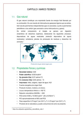 6
CAPITULO I: MARCO TEORICO
1.1. Gas natural
El gas natural constituye una importante fuente de energía fósil liberada por
su combustión. Es una mezcla de hidrocarburos gaseosos ligeros que se extrae,
bien sea de yacimientos independientes (gas no asociado), o junto a yacimientos
petrolíferos o de carbón (gas asociado a otros hidrocarburos y gases).
De similar composición, el biogás se genera por digestión
anaeróbica de desechos orgánicos, destacando los siguientes procesos:
depuradoras de aguas residuales (estación depuradora de aguas
residuales), vertederos, plantas de procesado de residuos y desechos de
animales.1
Producción de gas natural según país.
1.2. Propiedades físicas y químicas
• Densidad relativa: 0,65
• Poder calorífico: 9,032 kcal/m³
• Cp (presión Cte): 8,57 cal/mol.°C
• Cv (volumen Cte): 6,56 cal/mol. .°C
• Impurezas: helio, oxigeno, vapor de agua, H2S
• Fuente energética de origen fósil.
• Producto incoloro, inodoro y no tóxico.
• Licua a temperatura inferior a –160 ºC
• Relación volumétrica GN/GNL: ~ 600
• PCS entre 9.000 y 10.000 kcal/m3
(38 a 42 MJ/m3
)
• PCI aproximadamente el 90% del PCS
• Peso específico 0,75 kg/m3
(en CS P y T) 0,75 kg/m3
(en CS P y T)
• Proviene de la naturaleza y puede consumirse tal como se presenta.
1
https://es.wikipedia.org/wiki/Gas_natural#cite_note-1
 