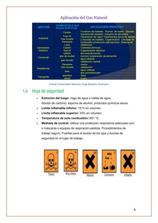 8
Aplicación del Gas Natural
Fuente: Universidad Nacional Jorge Basadre Grohmann
1.4. Hoja de seguridad
 Extinción del fuego: riego de agua o niebla de agua,
dióxido de carbono, espuma de alcohol, productos químicos secos.
 Límite inflamable inferior: 19 % en volumen.
 Límite inflamable superior: 25% en volumen.
 Temperatura de auto combustión: 651 °C.
 Medidas de control: Utilizar una protección respiratoria adecuada com
o máscaras o equipos de respiración asistida. Procedimientos de
trabajo seguro. Fuentes para el lavado de los ojos y duchas de
seguridad en el lugar de trabajo.
 