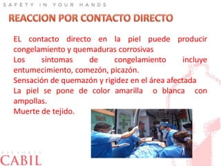 EL contacto directo en la piel puede producir
congelamiento y quemaduras corrosivas
Los síntomas de congelamiento incluye
entumecimiento, comezón, picazón.
Sensación de quemazón y rigidez en el área afectada
La piel se pone de color amarilla o blanca con
ampollas.
Muerte de tejido.
 