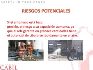 Si el amoniaco está bajo
presión, el riesgo a su exposición aumenta, ya
que el refrigerante en grandes cantidades tiene
el potencial de Liberarse rápidamente en el aire.
 