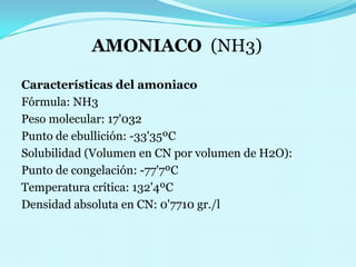 AMONIACO  (NH3)Características del amoniacoFórmula: NH3Peso molecular: 17'032Punto de ebullición: -33'35ºCSolubilidad (Volumen en CN por volumen de H2O):Punto de congelación: -77'7ºCTemperatura crítica: 132'4ºCDensidad absoluta en CN: 0'7710 gr./l