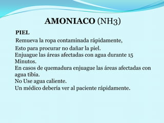 AMONIACO (NH3)    PIEL Remueva la ropa contaminada rápidamente,     Esto para procurar no dañar la piel.                                  Enjuague las áreas afectadas con agua durante 15 Minutos.                                                                                     En casos de quemadura enjuague las áreas afectadas con agua tibia.                                                                                      No Use agua caliente.                                                                     Un médico debería ver al paciente rápidamente.