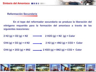 Síntesis del Amoniaco
En el tope del reformador secundario se produce la liberación del
nitrógeno requerido para la formación del amoníaco a través de las
siguientes reacciones:
2 H2 (g) + O2 (g) + N2 2 H2O (g) + N2 (g) + Calor
CH4 (g) + O2 (g) + 4 N2 2 H2 (g) + 4N2 (g) + CO2 + Calor
CH4 (g) + 2O2 (g) + 8N2 2 H2O (g) + 8N2 (g) + CO2 + Calor
Reformación Secundaria
 