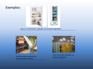 Exemplos:
Fig.3 e 4: O amoníaco utilizado em circuitos frigoríficos.
https://www.google.pt/search?q=estações+espaciais&source=lnms&tbm=isch&sa=X&ei=dvPgUorrFseQ7Abfr4HIAQ&sqi=2& e https://www.google.pt/search?q=estações+espaciais&source=lnms&tbm=isch&sa=X&ei=dvPgUorrFseQ7Abfr4HIAQ&sqi=2&ved=0CAc
Fig.6: Amoníaco utilizado nas
camaras frigorifico.
http://www.freshplaza.it/images/2013/0306/Monti.jpg
Fig.5:Amoniaco máquina de
compreensão mecânica.
https://www.google.pt/search?q=amoniaco&source=lnms&tbm=isch&sa=X&ei=t_HgUpGnIefd7QaH-oGgAw&sqi=2&ved=0CAcQ_
 