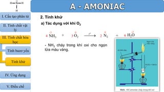 2. Tính khử
a) Tác dụng với khí O2
-3 0 0 -2
4 2 63NH3
o
t
O2 N2
H2O+ +
- NH3 cháy trong khí oxi cho ngọn
lửa màu vàng.
III. Tính chất hóa
học
Tính bazơ yếu
Tính khử
I. Cấu tạo phân tử
II. Tính chất vật
lý
IV. Ứng dụng
V. Điều chế
 