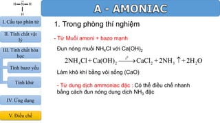1. Trong phòng thí nghiệm
- Từ Muối amoni + bazo mạnh
Đun nóng muối NH4Cl với Ca(OH)2
0
4 2 2 3 22NH Cl+Ca(OH) CaCl +2NH +2H Ot
 
Làm khô khí bằng vôi sống (CaO)
- Từ dung dịch ammoniac đặc : Có thể điều chế nhanh
bằng cách đun nóng dung dịch NH3 đặc
IV. Ứng dụng
V. Điều chế
III. Tính chất hóa
học
Tính bazơ yếu
Tính khử
I. Cấu tạo phân tử
II. Tính chất vật
lý
 