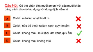 Câu Hỏi: Có thể phân biệt muối amoni với các muối khác
bằng cách cho nó tác dụng với dung dịch kiềm vì
B
C
A
D
Có khí màu lục nhạt thoát ra
Có khí nâu đỏ thoát ra làm xanh quỳ tím ẩm
Có khí không màu, mùi khai làm xanh quỳ ẩm
Có khí không màu không mùi
 
