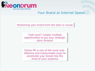Your Brand at Internet Speed Positioning your brand from the start is crucial “ web news” creates multiple opportunities to put your strategic story forward Online PR is one of the most cost-effective and measureable ways to accelerate your brand into the mind of your audience 