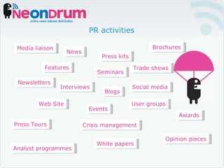 PR activities Features News Trade shows Web Site Social media Events Analyst programmes Awards Seminars White papers Opinion pieces Interviews Press Tours Crisis management Blogs Newsletters Press kits Media liaison User groups Brochures 