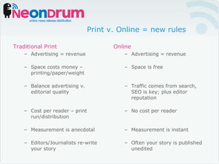 Print v. Online = new rules Traditional Print Advertising = revenue Space costs money – printing/paper/weight Balance advertising v. editorial quality Cost per reader – print run/distribution Measurement is anecdotal Editors/Journalists re-write your story Online Advertising = revenue Space is free Traffic comes from search, SEO is key; plus editor reputation No cost per reader Measurement is instant Often your story is published unedited 