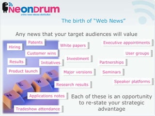 The birth of “Web News” Any news that your target audiences will value Each of these is an opportunity to re-state your strategic advantage Executive appointments Investment Hiring Results Customer wins Partnerships Initiatives Product launch Major versions Patents White papers Applications notes Research results Tradeshow attendance Speaker platforms Seminars User groups 