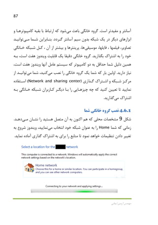 87
‫اﻳﻤﺎﻧﻲ‬ ‫آرﻣﻴﻦ‬ ‫ﻣﻬﻨﺪس‬
‫اﺳﺖ‬ ‫ﻣﻔﻴﺪﺗﺮ‬ ‫و‬ ‫آﺳﺎﻧﺘﺮ‬.‫ﺑﺎﻋﺚ‬ ‫ﺧﺎﻧﮕﻲ‬ ‫ﮔﺮوه‬‫ﻣﻲ‬‫ﺷﻮد‬‫و‬ ‫ﻛﺎﻣﭙﻴﻮﺗﺮﻫـﺎ‬ ‫ﺑﻘﻴﻪ‬ ‫ﺑﺎ‬ ‫ارﺗﺒﺎط‬ ‫ﻛﻪ‬
‫ﮔـﺮدد‬ ‫آﺳﺎﻧﺘﺮ‬ ‫ﺳﻴﻢ‬ ‫ﺑﺪون‬ ‫ﺷﺒﻜﻪ‬ ‫ﻳﻚ‬ ‫در‬ ‫دﻳﮕﺮ‬ ‫اﺑﺰارﻫﺎي‬.‫ﺷـﻤﺎ‬ ‫ﺑﻨـﺎﺑﺮاﻳﻦ‬‫ﻣـﻲ‬‫ﺗﻮاﻧﻴـﺪ‬
‫ﻓﻴﻠﻤﻬﺎ‬ ،‫ﺗﺼﺎوﻳﺮ‬،‫ﻓﺎﻳﻠﻬﺎ‬ ،‫ﻣﻮﺳﻴﻘﻲ‬‫ﻫﺎ‬‫ﺧـﺎﻧﮕﻲ‬ ‫ﺷـﺒﻜﻪ‬ ‫ﻛـﻞ‬ ، ‫آن‬ ‫از‬ ‫ﺑﻴﺸﺘﺮ‬ ‫و‬ ‫ﭘﺮﻳﻨﺘﺮﻫﺎ‬ ،
‫ﺑﮕﺬارﻳﺪ‬ ‫اﺷﺘﺮاك‬ ‫ﺑﻪ‬ ‫را‬ ‫ﺧﻮد‬.‫اﺳﺖ‬ ‫ﻫﻔﺖ‬ ‫وﻳﻨﺪوز‬ ‫ﻗﺎﺑﻠﻴﺖ‬ ‫ﻳﻚ‬ ‫دﻗﻴﻘﺎ‬ ‫ﺧﺎﻧﮕﻲ‬ ‫ﮔﺮوه‬،‫ﺑـﻪ‬
‫ﻫﻤﻴﻦ‬،‫اﺳﺖ‬ ‫ﻫﻔﺖ‬ ‫وﻳﻨﺪوز‬ ‫آﻧﻬﺎ‬ ‫ﻋﺎﻣﻞ‬ ‫ﺳﻴﺴﺘﻢ‬ ‫ﻛﻪ‬ ‫ﻛﺎﻣﭙﻴﻮﺗﺮ‬ ‫دو‬ ‫ﺑﻪ‬ ‫ﺣﺪاﻗﻞ‬ ‫ﺷﻤﺎ‬ ‫دﻟﻴﻞ‬
‫دارﻳﺪ‬ ‫ﻧﻴﺎز‬.‫ﻧﺼﺐ‬ ‫را‬ ‫ﺧﺎﻧﮕﻲ‬ ‫ﮔﺮوه‬ ‫ﻳﻚ‬ ‫ﺷﻤﺎ‬ ‫ﻛﻪ‬ ‫ﺑﺎر‬ ‫اوﻟﻴﻦ‬‫ﻣﻲ‬‫ﻛﻨﻴﺪ‬‫ﺷﻤﺎ‬ ،‫ﻣﻲ‬‫ﺗﻮاﻧﻴـﺪ‬‫از‬
‫ﮔـﺬاري‬ ‫اﺷـﺘﺮاك‬ ‫و‬ ‫ﺷـﺒﻜﻪ‬ ‫ﻣﺮﻛـﺰ‬Network and sharing center)(‫اﺳـﺘﻔﺎده‬
‫ﺑـﻪ‬ ‫ﺧـﺎﻧﮕﻲ‬ ‫ﺷـﺒﻜﻪ‬ ‫ﻛـﺎرﺑﺮان‬ ‫دﻳﮕـﺮ‬ ‫ﺑـﺎ‬ ‫را‬ ‫ﭼﻴﺰﻫـﺎﻳﻲ‬ ‫ﭼﻪ‬ ‫ﻛﻪ‬ ‫ﻛﻨﻴﺪ‬ ‫ﺗﻌﻴﻴﻦ‬ ‫ﺗﺎ‬ ‫ﻧﻤﺎﻳﻴﺪ‬
‫اﺷﺘﺮاك‬‫ﻣﻲ‬‫ﮔﺬارﻳﺪ‬.
4.6.1‫ﺷﻤﺎ‬ ‫ﺧﺎﻧﮕﻲ‬ ‫ﮔﺮوه‬ ‫ﻧﺼﺐ‬
‫ﺷﻜﻞ‬9‫ﻧﺸـﺎن‬ ‫را‬ ‫ﻫﺴﺘﻴﺪ‬ ‫ﻣﺘﺼﻞ‬ ‫آن‬ ‫ﺑﻪ‬ ‫اﻛﻨﻮن‬ ‫ﻫﻢ‬ ‫ﻛﻪ‬ ‫ﻣﺤﻠﻲ‬ ‫ﻣﺸﺨﺼﺎت‬‫ﻣـﻲ‬‫دﻫـﺪ‬.
‫ﺷﻤﺎ‬ ‫ﻛﻪ‬ ‫زﻣﺎﻧﻲ‬Home‫اﻧﺘﺨﺎب‬ ‫ﺧﻮد‬ ‫ﺷﺒﻜﻪ‬ ‫ﻋﻨﻮان‬ ‫ﺑﻪ‬ ‫را‬‫ﻣﻲ‬‫ﻧﻤﺎﻳﻴﺪ‬،‫ﺑﻪ‬ ‫ﺷﺮوع‬ ‫وﻳﻨﺪوز‬
‫ﻧﻤﺎﻳﺪ‬ ‫آﻣﺎده‬ ‫ﮔﺬاري‬ ‫اﺷﺘﺮاك‬ ‫ﺑﻪ‬ ‫ﺑﺮاي‬ ‫را‬ ‫ﻣﻨﺎﺑﻊ‬ ‫ﺗﺎ‬ ‫ﻧﻤﻮد‬ ‫ﺧﻮاﻫﺪ‬ ‫ﺗﻨﻈﻴﻤﺎت‬ ‫دادن‬ ‫ﺗﻐﻴﻴﺮ‬.
 