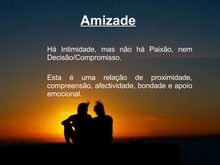 Amizade   Há Intimidade, mas não há Paixão, nem Decisão/Compromisso.  Esta é uma relação de proximidade, compreensão, afectividade, bondade e apoio emocional.  