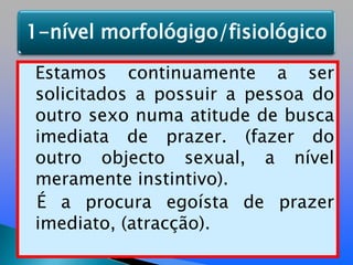Estamos continuamente a ser solicitados a possuir a pessoa do outro sexo numa atitude de busca imediata de prazer. (fazer do outro objecto sexual, a nível meramente instintivo).  É a procura egoísta de prazer imediato, (atracção).