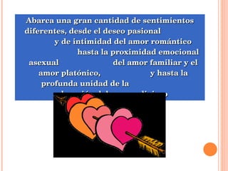 Abarca una gran cantidad de sentimientos diferentes, desde el deseo pasional  y de intimidad del amor romántico  hasta la proximidad emocional asexual  del amor familiar y el amor platónico,  y hasta la profunda unidad de la  devoción del amor religioso 