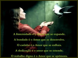 A fraternidade é o Amor que se expande. A bondade é o Amor que se desenvolve. O carinho é o Amor que se enflora. A dedicação é o amor que se estende. O trabalho digno é o Amor que se aprimora. 