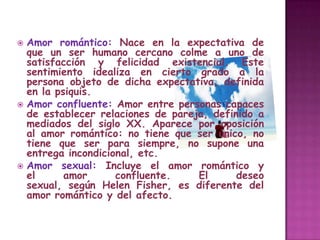 Amor romántico: Nace en la expectativa de
  que un ser humano cercano colme a uno de
  satisfacción y felicidad existencial. Este
  sentimiento idealiza en cierto grado a la
  persona objeto de dicha expectativa, definida
  en la psiquis.
 Amor confluente: Amor entre personas capaces
  de establecer relaciones de pareja, definido a
  mediados del siglo XX. Aparece por oposición
  al amor romántico: no tiene que ser único, no
  tiene que ser para siempre, no supone una
  entrega incondicional, etc.
 Amor sexual: Incluye el amor romántico y
  el      amor      confluente.    El      deseo
  sexual, según Helen Fisher, es diferente del
  amor romántico y del afecto.
 