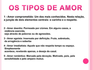 1 - Amor comprometido: Um dos mais conhecidos. Nesta relação,
a junção de dois elementos centrais: o carinho e o respeito.
2 - Amor doentio: Permeado por ciúmes. Em alguns casos, a
violência exercida,
seja através de palavras ou de agressões.
3 - Amor egoísta: Insensato por definição. Fruto, sobretudo,
da arrogância e soberba
4 - Amor imediatista: Aquele que não respeita tempo ou espaço.
Simplesmente
acontece, revelando apenas, o desejo do casal.
5 - Amor romântico: Marcado pela devoção. Motivado, pois, pela
sensibilidade e pelo amparo mutuo.
 