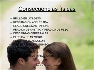 Consecuencias físicas
– BRILLO EN LOS OJOS
– RESPIRACION ACELERADA
– REACCIONES MAS RAPIDAS
– PERDIDA DE APETITO Y PERDIDA DE PESO
– DESCARGAS CEREBRALES
– PERDIDA DE MEMORIA
– RESISTENCIA AL DOLOR
– MAYOR RIEGO SANGUINEO
– MAYOR AGILIDAD
– MENOR CANSANCIO
– DISMINUCION DE INFECCIONES
Mª.E.M.P.-UNIOVI.2008
 