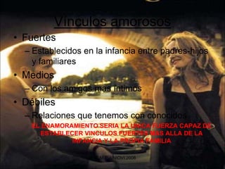 Vínculos amorosos
• Fuertes
– Establecidos en la infancia entre padres-hijos
y familiares
• Medios
– Con los amigos mas íntimos
• Débiles
– Relaciones que tenemos con conocidos
EL ENAMORAMIENTO SERIA LA UNICA FUERZA CAPAZ DE
ESTABLECER VINCULOS FUERTES MAS ALLA DE LA
INFANCIA Y LA PROPIA FAMILIA
Mª.E.M.P.-UNIOVI.2008
 