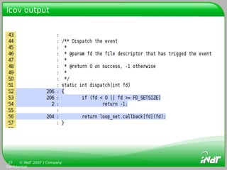 lcov output




 27    © INdT 2007 | Company
Confidential
 