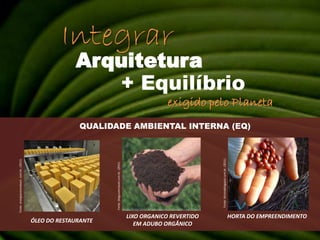 QUALIDADE AMBIENTAL INTERNA (EQ)Fonte: ibiramablogspot.com.br, (2011)Fonte: blogsustentavel.com.br, (2011)Fonte: energiasrenováveis .com.br, (2011)HORTA DO EMPREENDIMENTOLIXO ORGANICO REVERTIDOEM ADUBO ORGÂNICOÓLEO DO RESTAURANTE