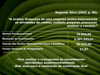    Segundo Silva (2005, p. 26): “A análise financeira de uma empresa evolve basicamente as atividades de coletar, conferir, preparar, processar, analisar e concluir.”Fonte: Equipe Técnica, 2011.- Para realizar o cronograma do investimento: distribuídos quadrimestralmente.- Dois anos para a realização da construção final
