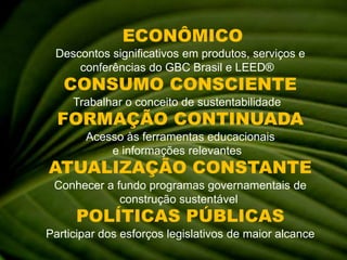  ECONÔMICO Descontos significativos em produtos, serviços e conferências do GBC Brasil e LEED®  CONSUMO CONSCIENTE Trabalhar o conceito de sustentabilidade  FORMAÇÃO CONTINUADA Acesso às ferramentas educacionais e informações relevantes  ATUALIZAÇÃO CONSTANTE Conhecer a fundo programas governamentais de construção sustentável POLÍTICAS PÚBLICAS Participar dos esforços legislativos de maior alcance