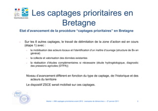 Les captages prioritaires en
                  Bretagne
Etat d’avancement de la procédure “captages prioritaires” en Bretagne


-   Sur les 8 autres captages, le travail de délimitation de la zone d’action est en cours
    (étape 1) avec :
     -   la mobilisation des acteurs locaux et l’identification d’un maître d’ouvrage (structure de Bv en
         général)
     -   la collecte et valorisation des données existantes
     -   la réalisation d’études complémentaires si nécessaire (étude hydrogéologique, diagnostic
         des pressions agricoles (DTPA))


     Niveau d’avancement différent en fonction du type de captage, de l’historique et des
        acteurs du territoire
     Le dispositif ZSCE serait mobilisé sur ces captages.




                       Atelier « 500 captages prioritaires avant 2012 : exemples de démarches » - 27 janvier 2011   6
 