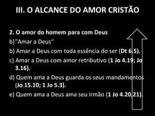 2. O amor do homem para com Deus "Amar a Deus“ b) Amar a Deus com toda essência do ser ( Dt 6.5).  c) Amar a Deus com amor retributivo ( 1 Jo 4.19; Jo 3.16). d) Quem ama a Deus guarda os seus mandamentos ( Jo 15.10; 1 Jo 5.3). e) Quem ama a Deus ama seu irmão ( 1 Jo 4.20,21). III. O ALCANCE DO AMOR CRISTÃO 