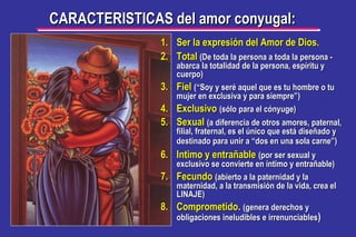 1.1. Ser la expresión del Amor de Dios.Ser la expresión del Amor de Dios.
2.2. TotalTotal (De toda la persona a toda la persona -(De toda la persona a toda la persona -
abarca la totalidad de la persona, espíritu yabarca la totalidad de la persona, espíritu y
cuerpo)cuerpo)
3.3. FielFiel ((“Soy y seré aquel que es tu hombre o tu“Soy y seré aquel que es tu hombre o tu
mujer en exclusiva y para siempre”mujer en exclusiva y para siempre”))
4.4. ExclusivoExclusivo (sólo para el cónyuge)(sólo para el cónyuge)
5.5. SexualSexual (a diferencia de otros amores, paternal,(a diferencia de otros amores, paternal,
filial, fraternal, es el único que está diseñado yfilial, fraternal, es el único que está diseñado y
destinado para unir a “dos en una sola carne”)destinado para unir a “dos en una sola carne”)
6.6. Intimo y entrañableIntimo y entrañable (por ser sexual y(por ser sexual y
exclusivo se convierte en íntimo y entrañable)exclusivo se convierte en íntimo y entrañable)
7.7. FecundoFecundo (abierto a la paternidad y la(abierto a la paternidad y la
maternidad, a la transmisión de la vida, crea elmaternidad, a la transmisión de la vida, crea el
LINAJE)LINAJE)
8.8. ComprometidoComprometido.. (genera derechos y(genera derechos y
obligaciones ineludibles e irrenunciablesobligaciones ineludibles e irrenunciables))
CARACTERISTICAS del amor conyugal:CARACTERISTICAS del amor conyugal:
 