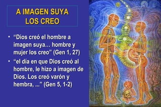A IMAGEN SUYAA IMAGEN SUYA
LOS CREOLOS CREO
• ““Dios creó el hombre aDios creó el hombre a
imagen suya… hombre yimagen suya… hombre y
mujer los creo” (Gen 1, 27)mujer los creo” (Gen 1, 27)
• ““el día en que Dios creó alel día en que Dios creó al
hombre, le hizo a imagen dehombre, le hizo a imagen de
Dios. Los creó varón yDios. Los creó varón y
hembra, ...” (Gen 5, 1-2)hembra, ...” (Gen 5, 1-2)
 