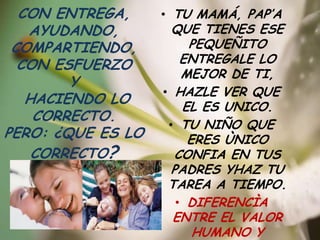 CON ENTREGA,     • TU MAMÁ, PAP’A
   AYUDANDO,         QUE TIENES ESE
 COMPARTIENDO,          PEQUEÑITO
  CON ESFUERZO         ENTREGALE LO
                       MEJOR DE TI,
        Y
                   • HAZLE VER QUE
   HACIENDO LO         EL ES UNICO.
    CORRECTO.
                    • TU NIÑO QUE
PERO: ¿QUE ES LO        ERES ÙNICO
    CORRECTO?        CONFIA EN TUS
                     PADRES YHAZ TU
                    TAREA A TIEMPO.
                      • DIFERENCÌA
                     ENTRE EL VALOR
                         HUMANO Y
 