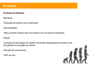 Evolução do Sistema Demanda Evolução de acordo com a demanda Sazonalidades Não se prevê nenhum pico de acessos em um período específico. Equipe A equipe de tecnologia irá manter constantes atualizações do sistema que irão garantir a evolução do mesmo Previsão de crescimento 35% ao ano Evolução 