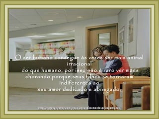 O ser humano consegue às vezes ser mais animal
                  irracional
 do que humano, por isso não é raro ver mães
   chorando porque seus filhos se tornaram
               indiferentes ao
       seu amor dedicado e abnegado.
 