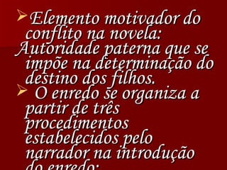 Elemento motivador do conflito na novela: Autoridade paterna que se impõe na determinação do destino dos filhos. O enredo se organiza a partir de três procedimentos estabelecidos pelo narrador na introdução do enredo: 